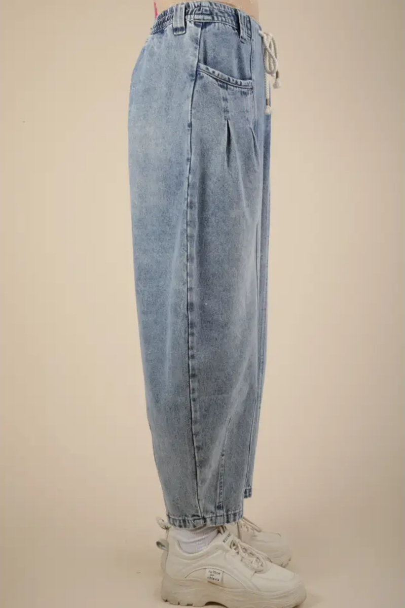 Washed Denim Barrel Leg Pants