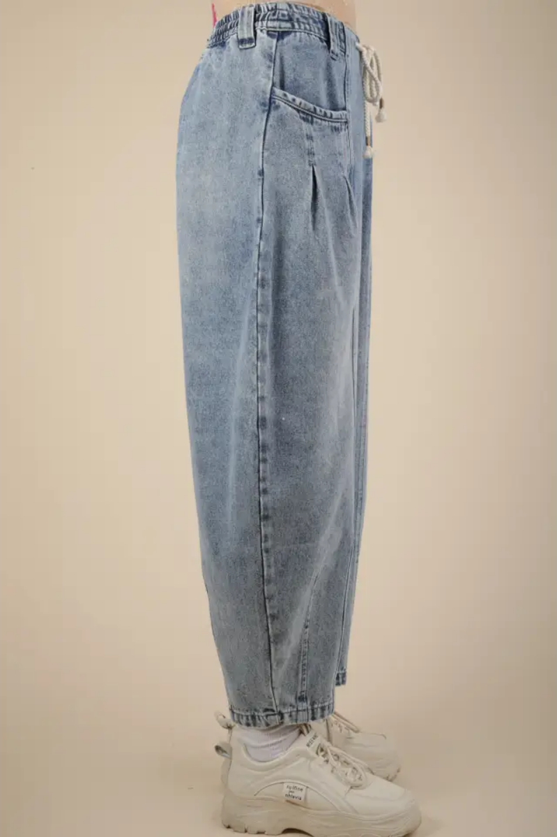 Washed Denim Barrel Leg Pants