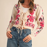 Floral Knit Tie-Front Cropped Sweater Cardigan