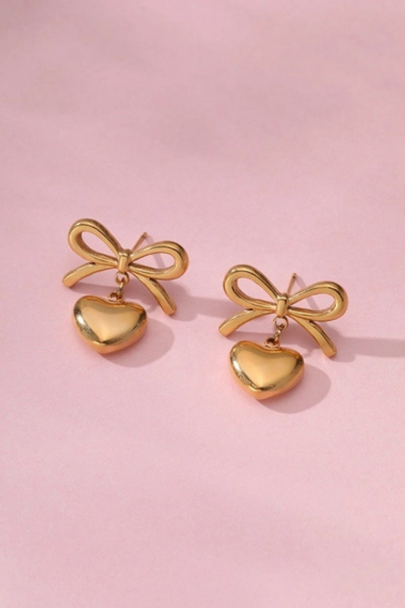 18K Stainless Steel Bow + Heart Earrings