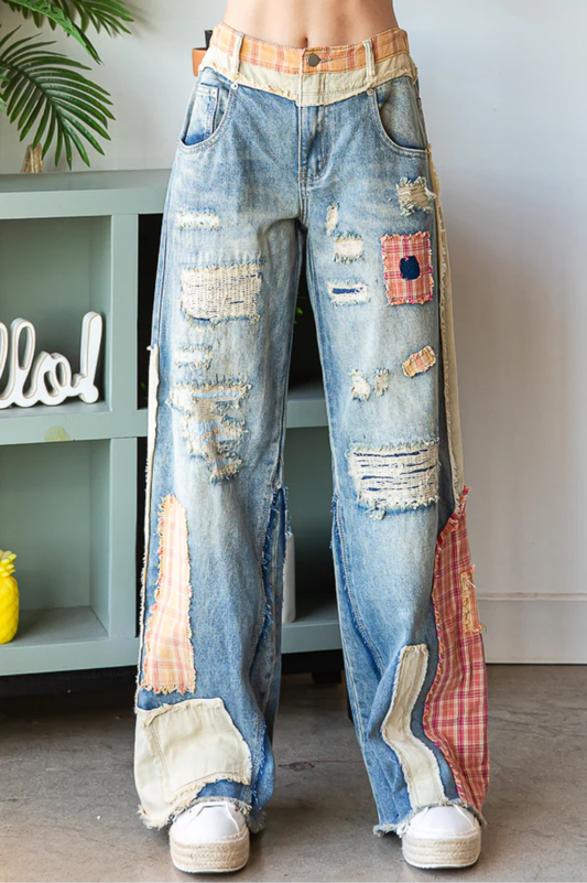 Patch Detail Wide Straight Denim Pants