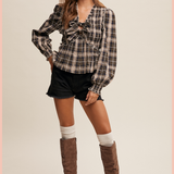 Plaid Bow Tie Smocked Blouse