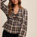 Plaid Bow Tie Smocked Blouse