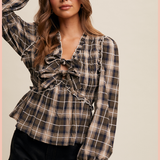 Plaid Bow Tie Smocked Blouse