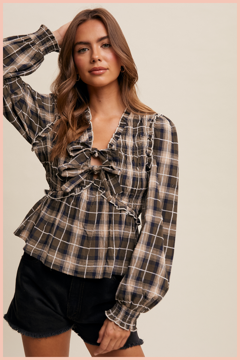 Plaid Bow Tie Smocked Blouse