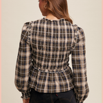 Plaid Bow Tie Smocked Blouse