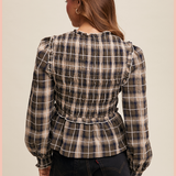 Plaid Bow Tie Smocked Blouse