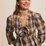 Plaid Bow Tie Smocked Blouse
