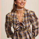 Plaid Bow Tie Smocked Blouse
