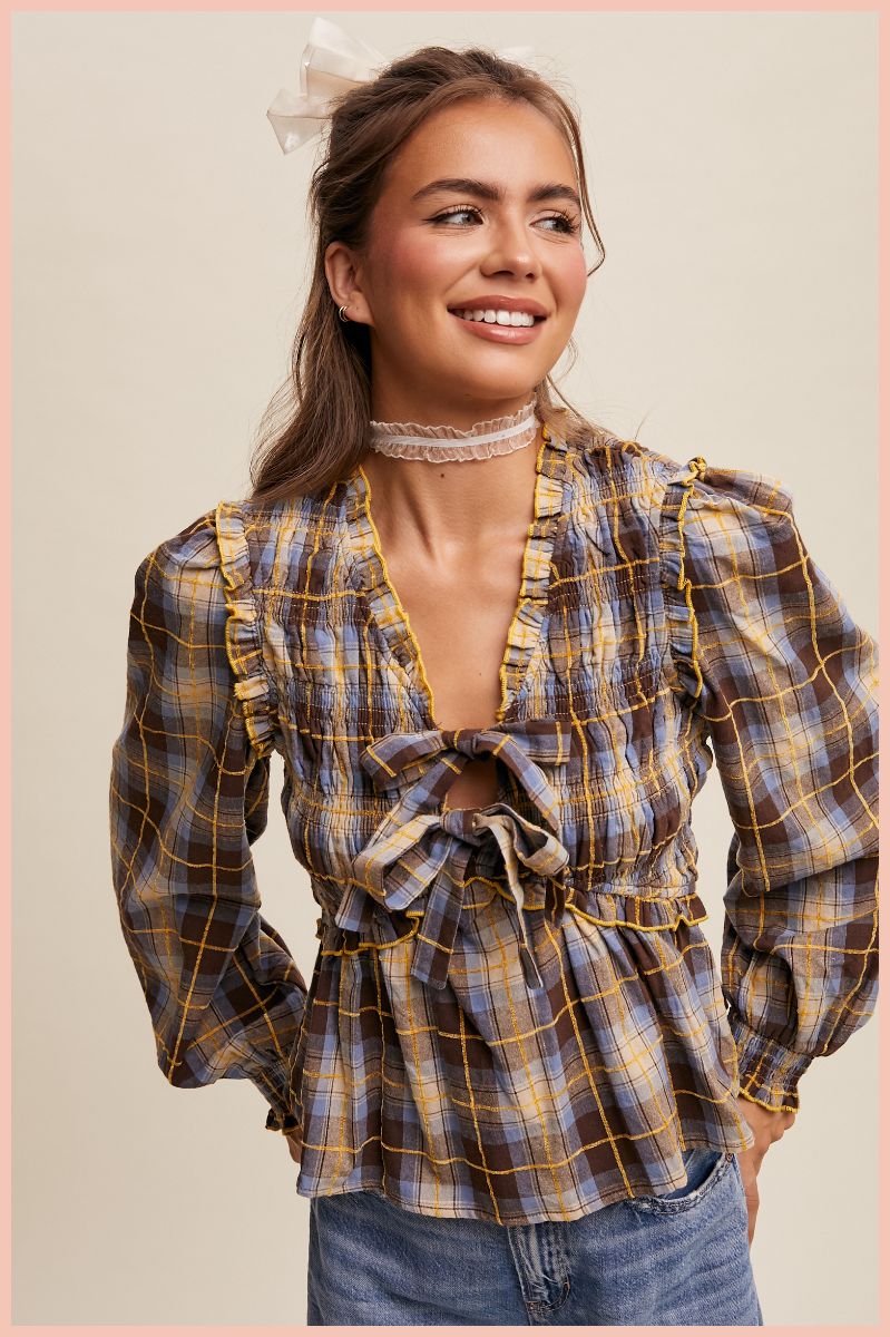 Plaid Bow Tie Smocked Blouse