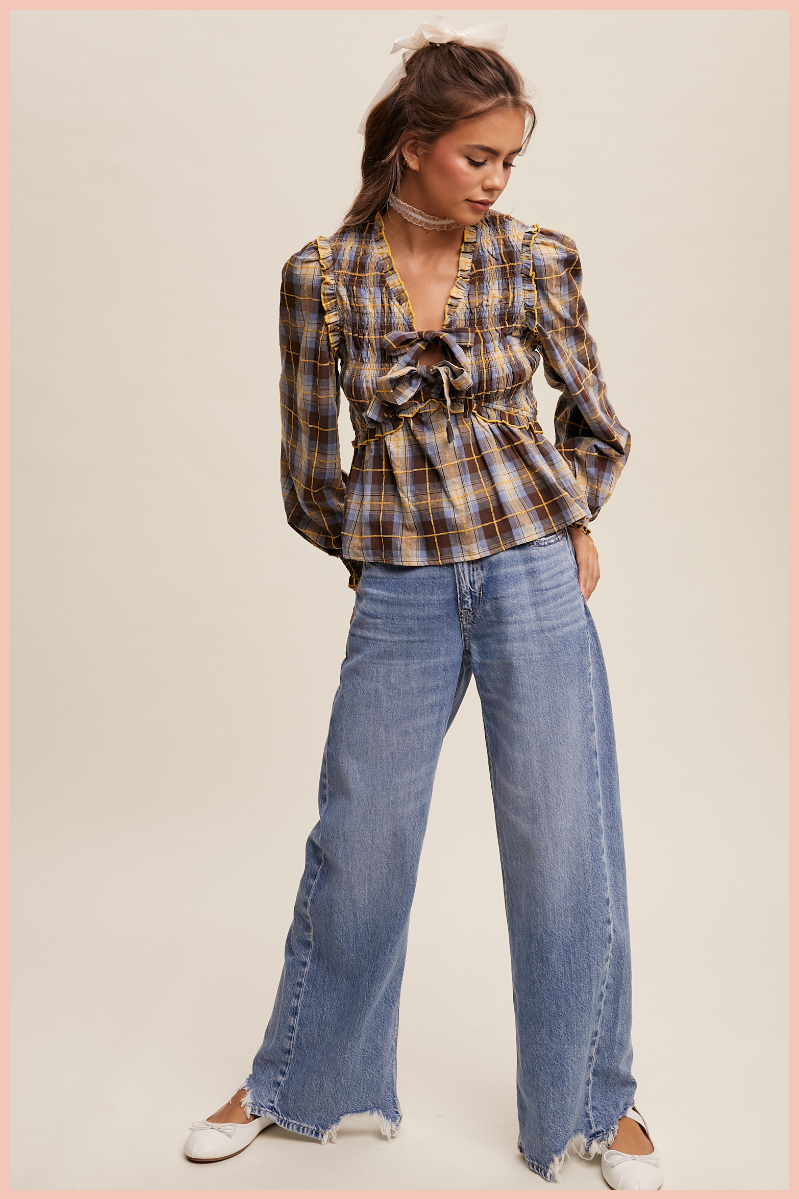 Plaid Bow Tie Smocked Blouse