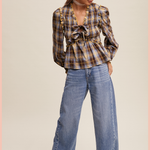 Plaid Bow Tie Smocked Blouse