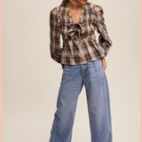 Plaid Bow Tie Smocked Blouse
