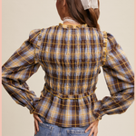 Plaid Bow Tie Smocked Blouse