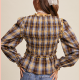 Plaid Bow Tie Smocked Blouse