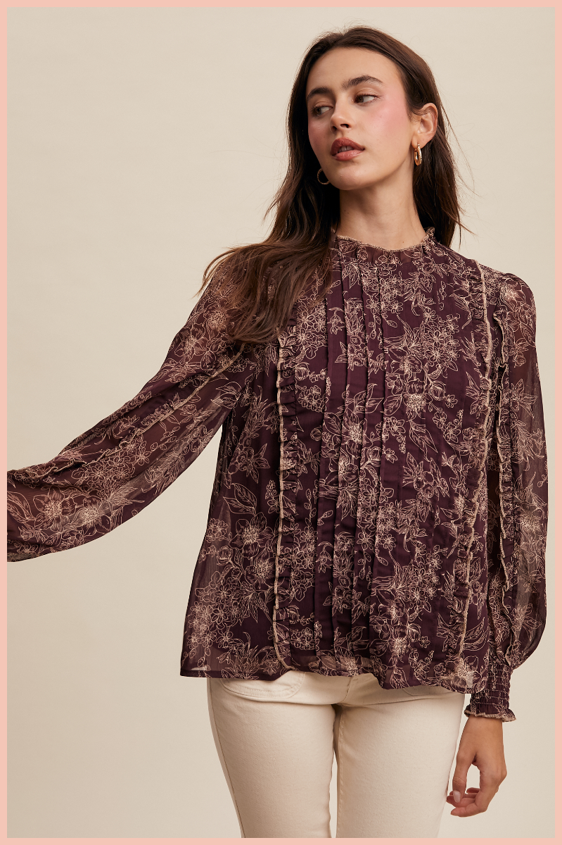 Floral Print Pleated Blouse