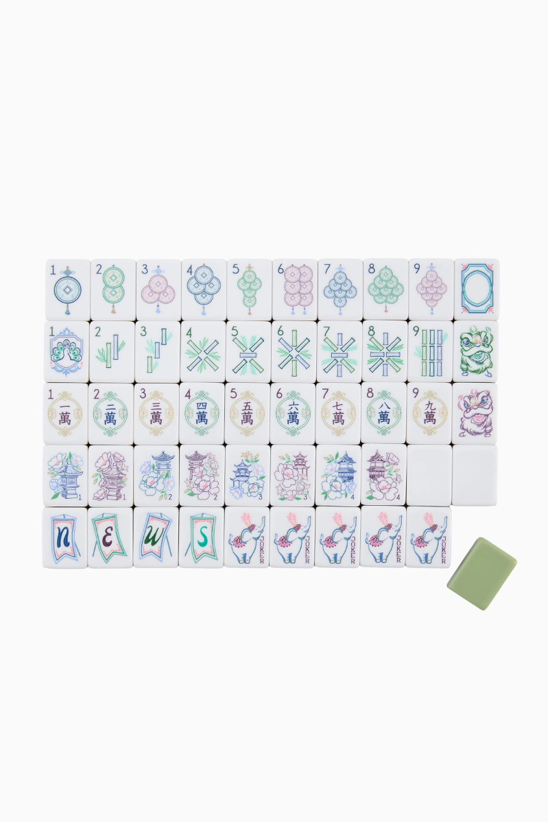 Set of Mahjong tiles with colorful designs and numbers on a white background. Willow Mahjong Tiles | Oh My Mahjong
