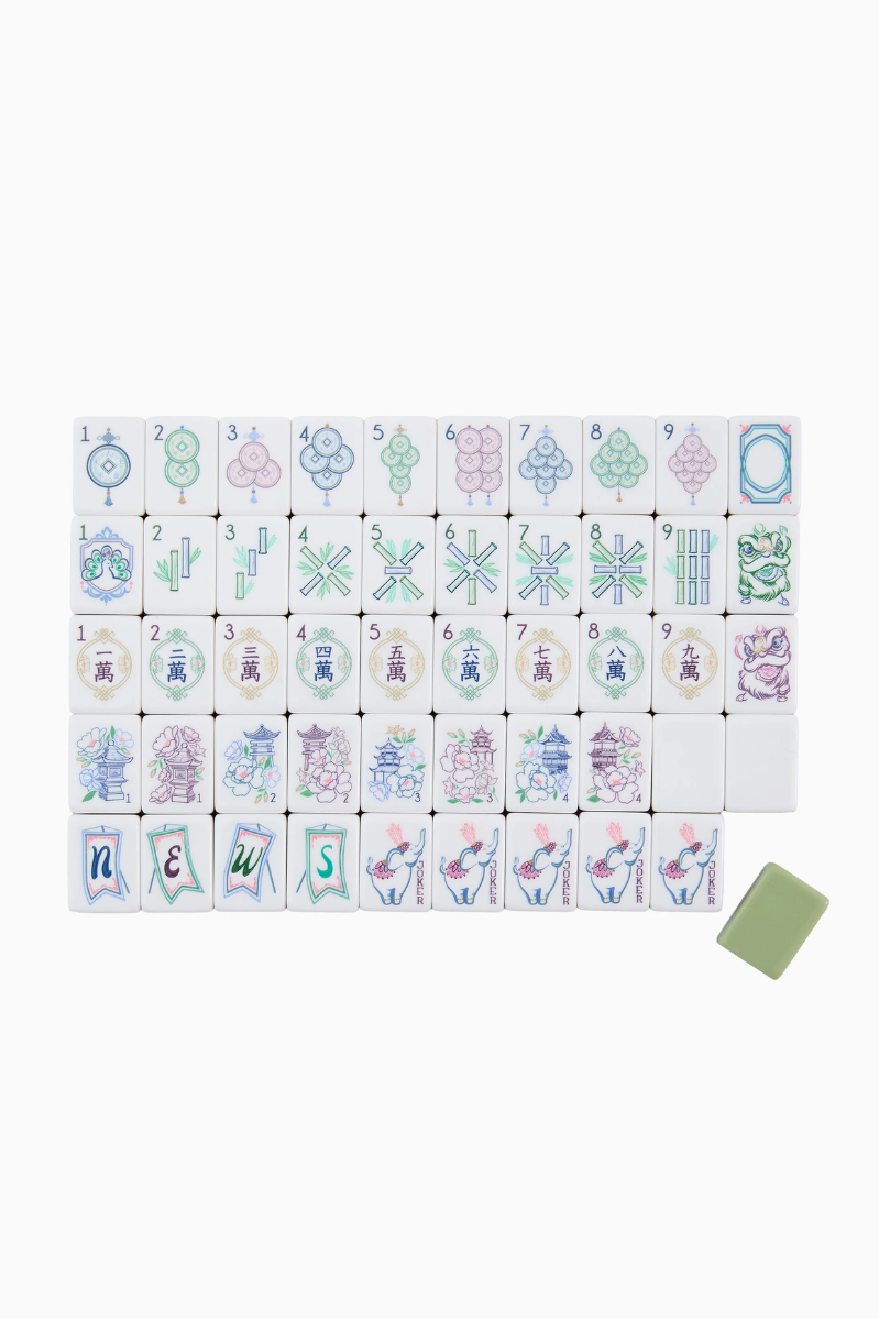 Set of Mahjong tiles with colorful designs and numbers on a white background. Willow Mahjong Tiles | Oh My Mahjong