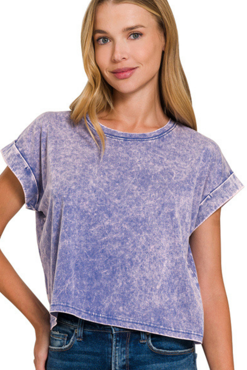 Mineral Wash Cuffed Cropped Top | Blueberry