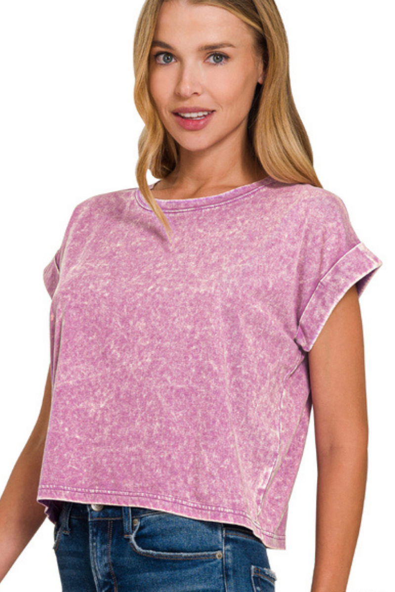 Mineral Wash Cuffed Cropped Top | Bright Violet
