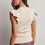 Ruffle Sleeve Mock Neck Ribbed Knit Top