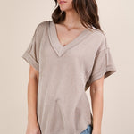 Soft Two Tone Casual Comfy Ribbed Knit Top | Oat