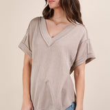 Soft Two Tone Casual Comfy Ribbed Knit Top | Oat