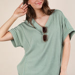 Soft Two Tone Casual Comfy Ribbed Knit Top | Sage