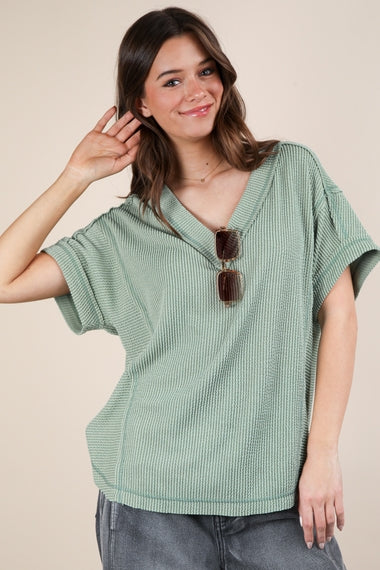 Soft Two Tone Casual Comfy Ribbed Knit Top | Sage