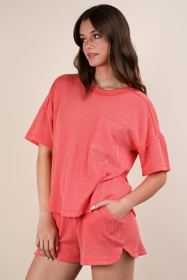 Two Tone Double Knit Top & Shorts Set | Coral
