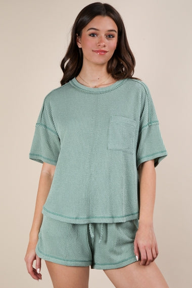 Two Tone Double Knit Top & Shorts Set | Sage