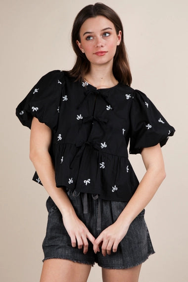 Front Tie Bow Embroidered Blouse Top | Black