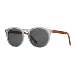 Sunglasses with round lenses and wooden arms on a white background