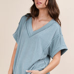 Soft Two Tone Casual Comfy Ribbed Knit Top | Blue
