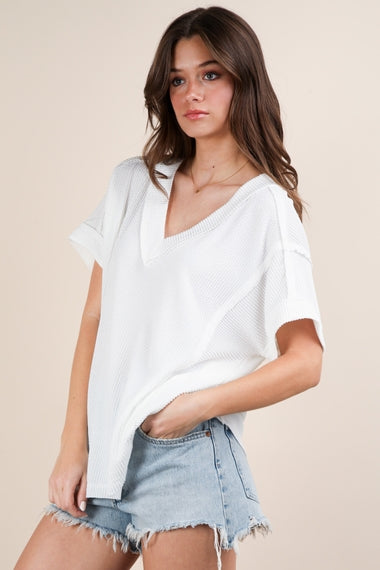Soft Two Tone Casual Comfy Ribbed Knit Top | Off White