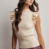 Ruffle Sleeve Mock Neck Ribbed Knit Top
