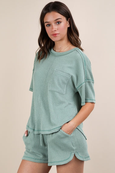 Two Tone Double Knit Top & Shorts Set | Sage
