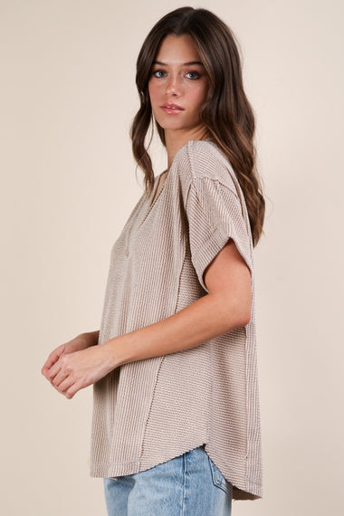 Soft Two Tone Casual Comfy Ribbed Knit Top | Oat