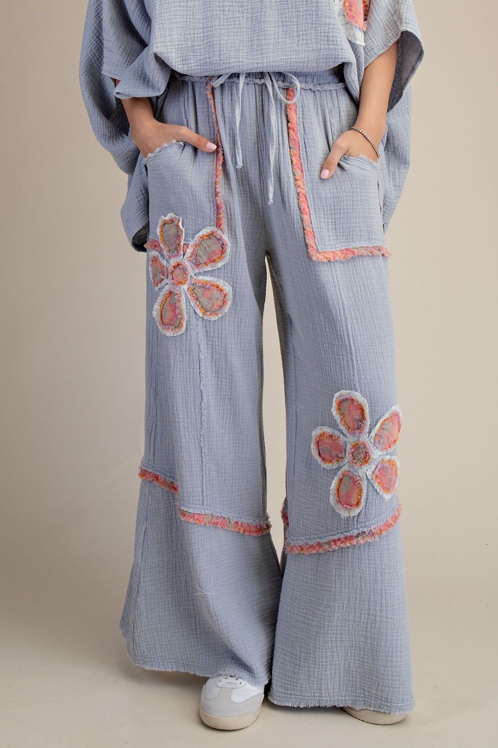 Patchwork Detailing Washed Cotton Gauze Pants