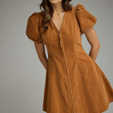 Zip Front Puff Sleeve Mini Dress