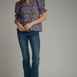 Floral Ruffle Neck Puff Sleeve Top