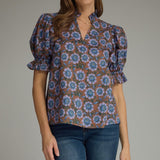 Floral Ruffle Neck Puff Sleeve Top