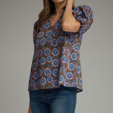 Floral Ruffle Neck Puff Sleeve Top