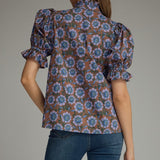 Floral Ruffle Neck Puff Sleeve Top