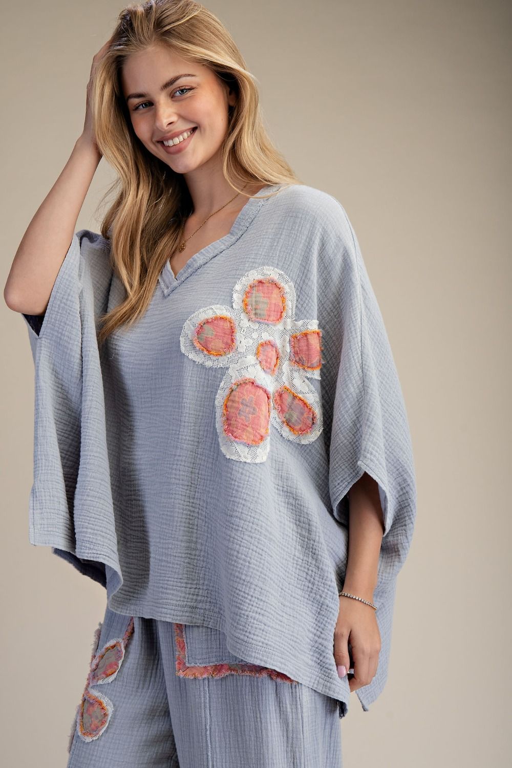 Patchwork Front Washed Cotton Gauze Top