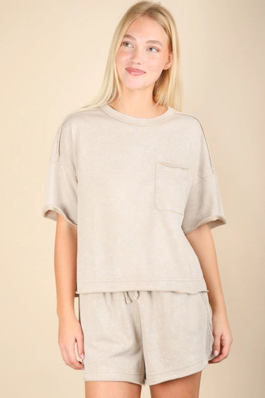 Mineral Washed Comfy Knit Top & Shorts Set | Taupe