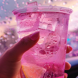 Hand holding a pink drink with lemon slices through a car window with raindrops.