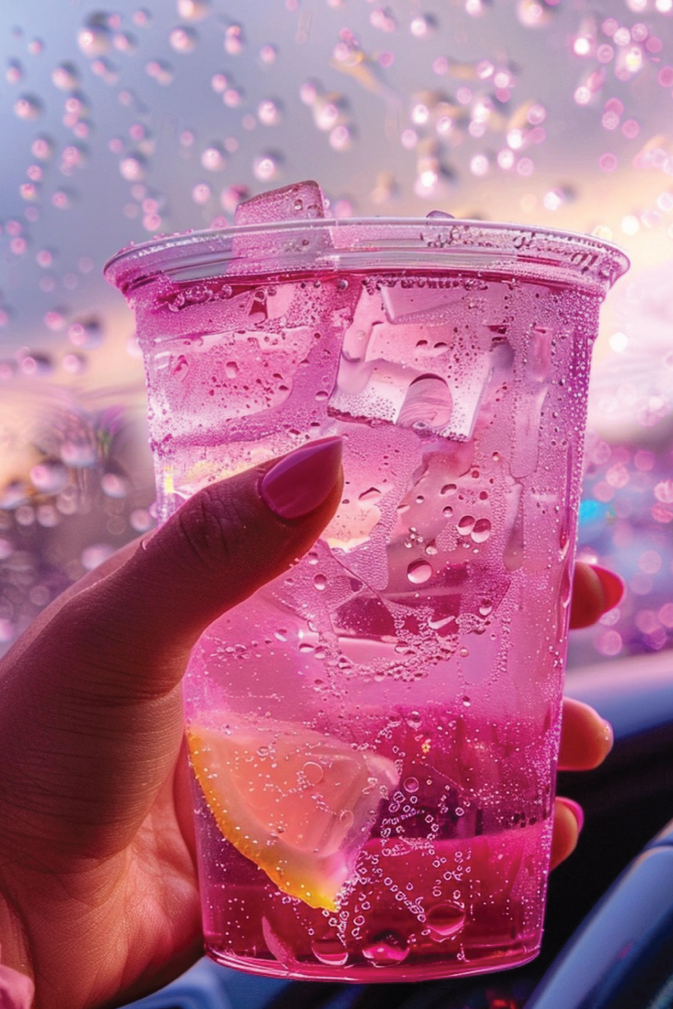 Hand holding a pink drink with lemon slices through a car window with raindrops.
