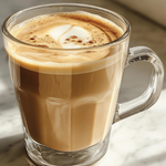 Glass mug of cappuccino on a marble surface with sunlight casting shadows