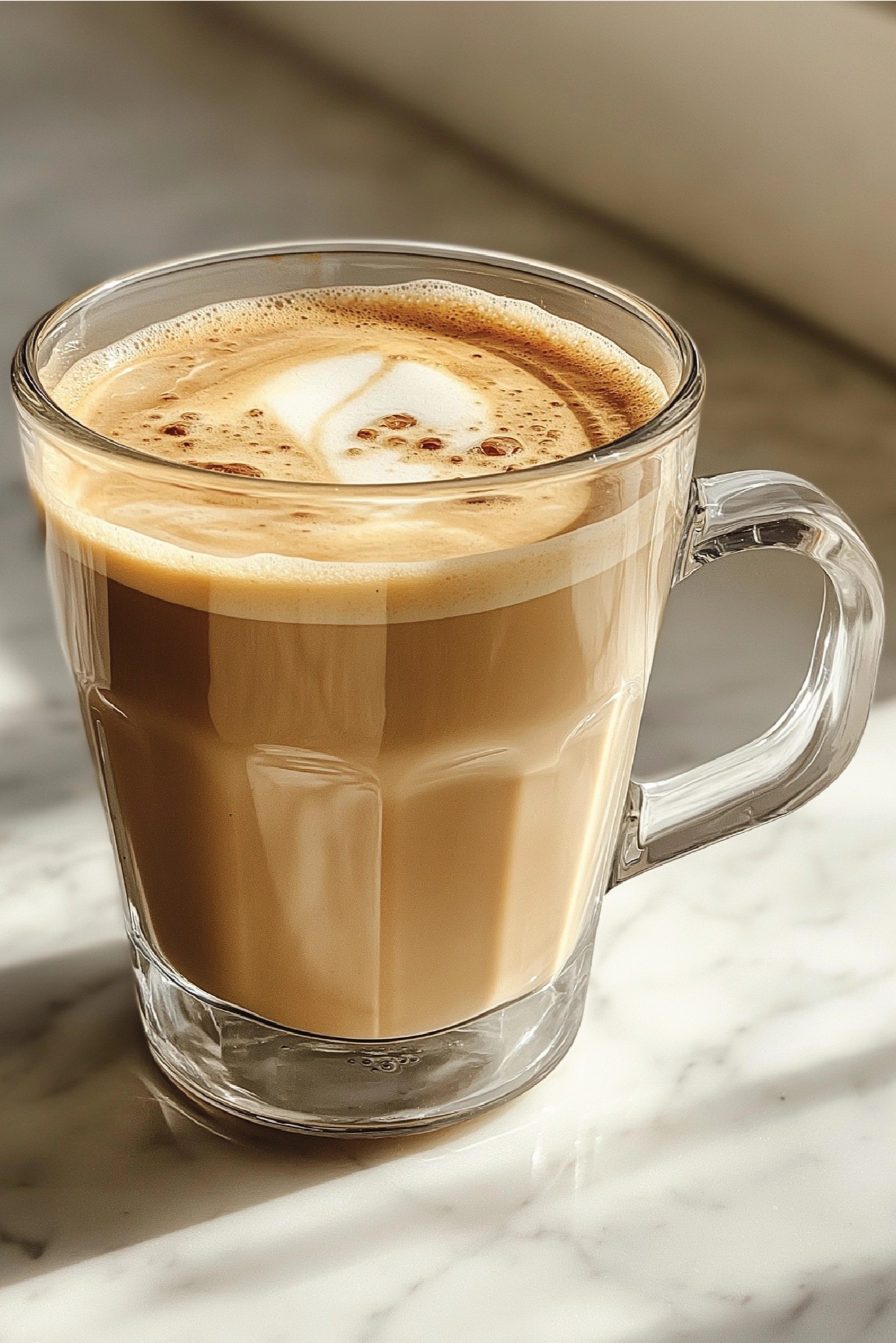 Glass mug of cappuccino on a marble surface with sunlight casting shadows